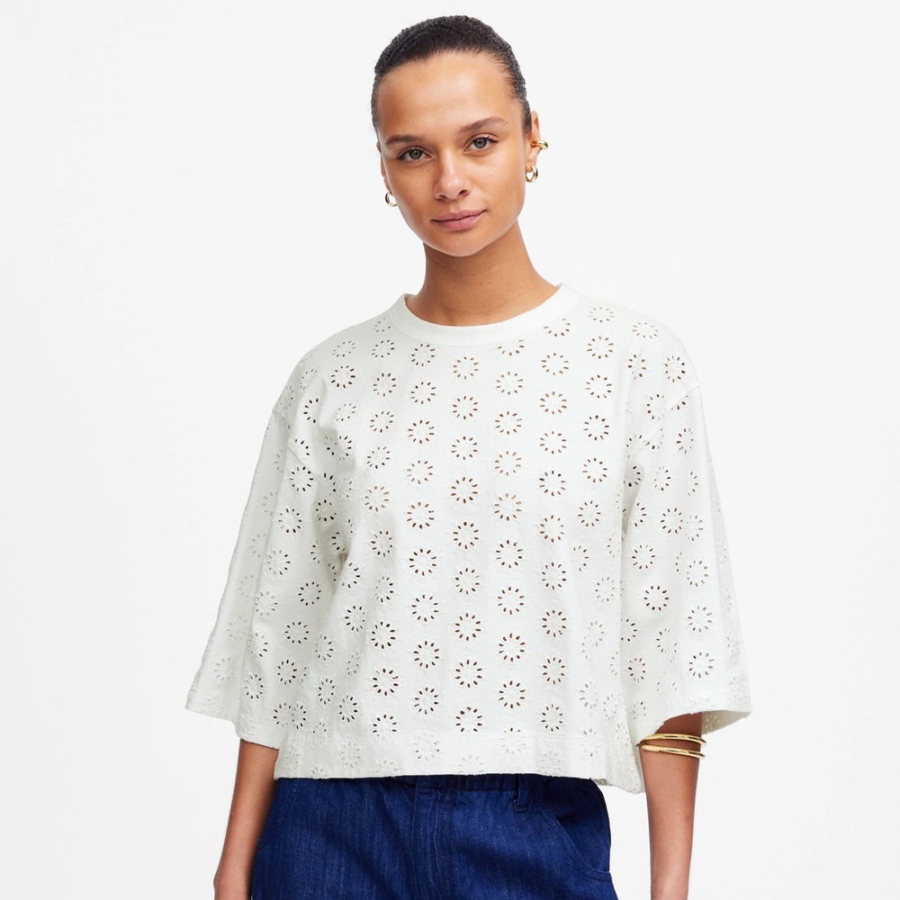 New - Madewell White Embroidered Wide-Sleeve Boxy Tee - Picture 1 of 8